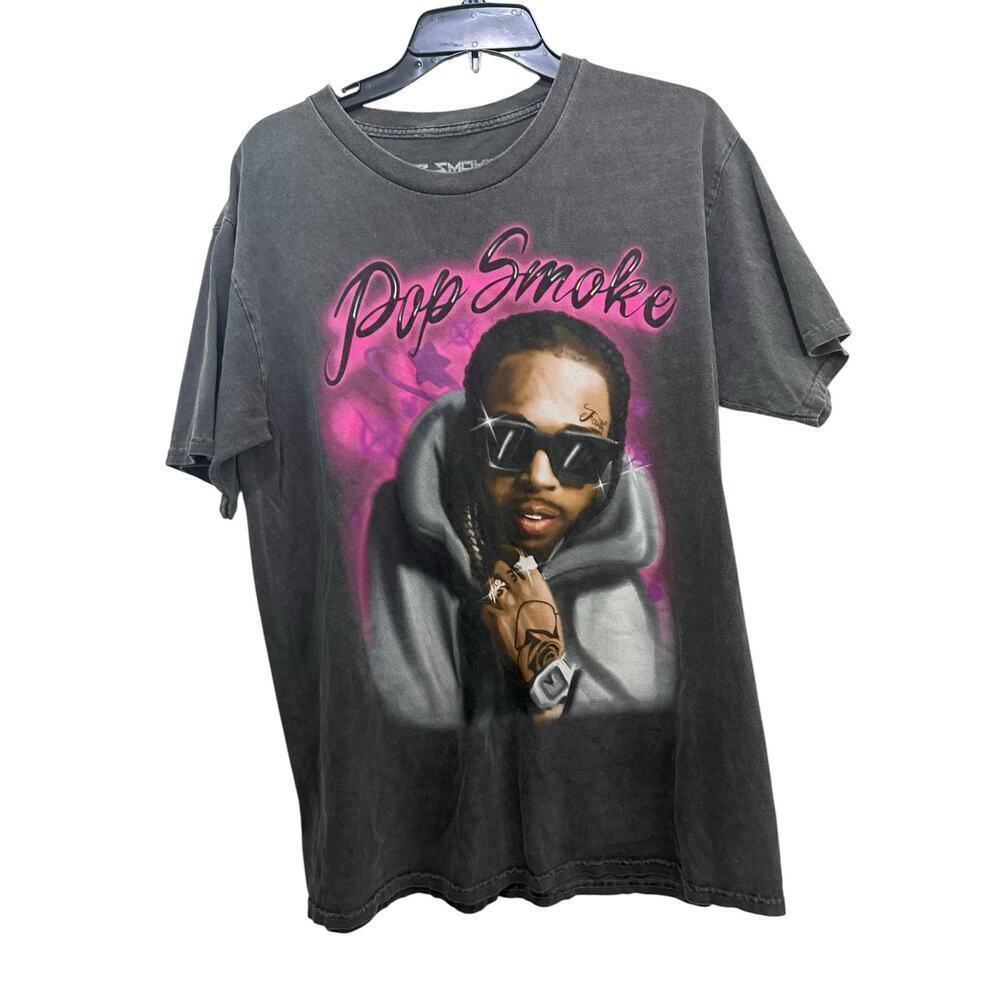 Pop Smoke Rap Men's Gray American Rapper Graphic Graffiti T-Shirt Size Large